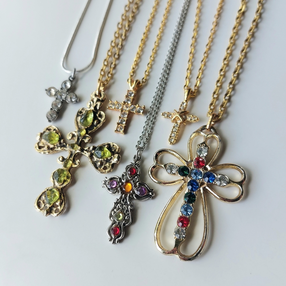 Vintage Cross Necklaces/Colorful Religious Rhinestone + Peridot Pendant Lot